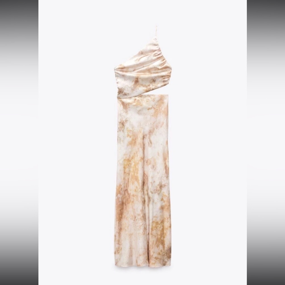 Zara One-Shoulder Marble-Print Maxi Dress in Cream and Tan